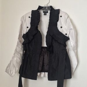 Ashro tuxedo black and white satin ruffle gathered covered buttons top size 8